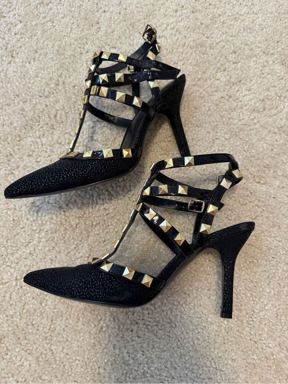 BCBGeneration Black Pointed-Toe T-Strap Pumps with Gold Studs - Picture 3 of 4